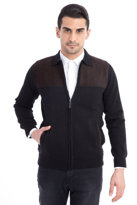 Black Wool Cardigan with Fabric Front