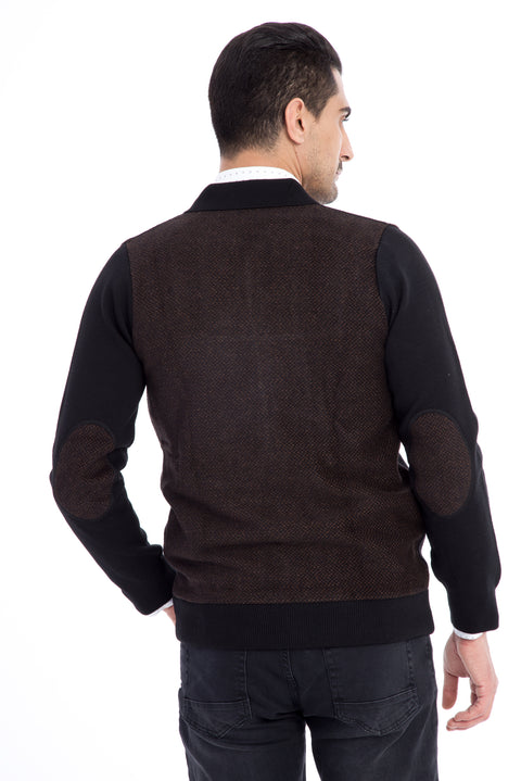 Black Wool Cardigan with Fabric Front