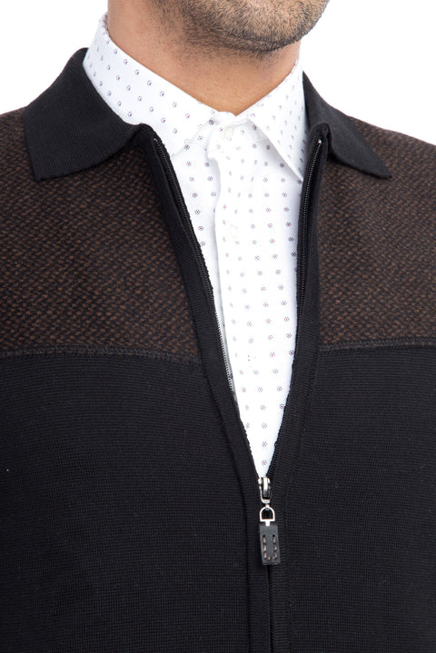 Black Wool Cardigan with Fabric Front