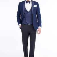 Lacivert Slim Fit Dar Kesim Desenli Yelekli Smokin & Damatlık