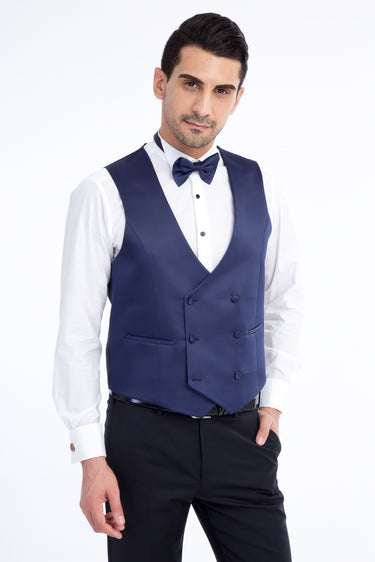  Lacivert Slim Fit Dar Kesim Desenli Yelekli Smokin & Damatlık