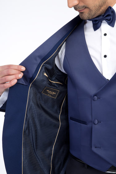 Lacivert Slim Fit Dar Kesim Desenli Yelekli Smokin & Damatlık
