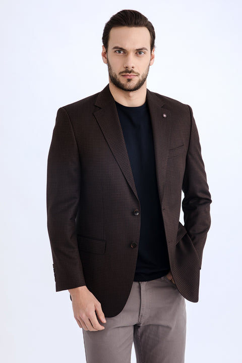 Koyu Kahve 6 Drop Regular Fit Standart Kesim Desenli Klasik Bambu Ceket