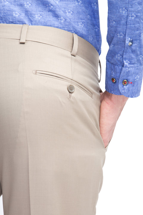 Beige 6 Drop Regular Fit Standard Cut Classic Fabric Wool Trousers
