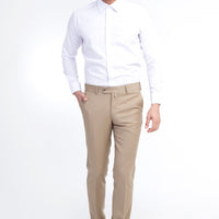 Bej Slim Fit Dar Kesim Yünlü Klasik Kumaş Pantolon