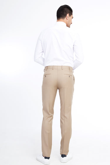 Bej Slim Fit Dar Kesim Yünlü Klasik Kumaş Pantolon