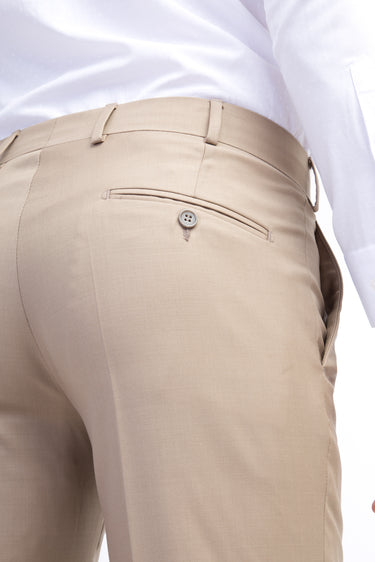 Bej Slim Fit Dar Kesim Yünlü Klasik Kumaş Pantolon