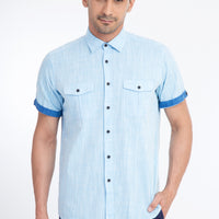 Turquoise Short-Sleeve Cotton Sport Shirt