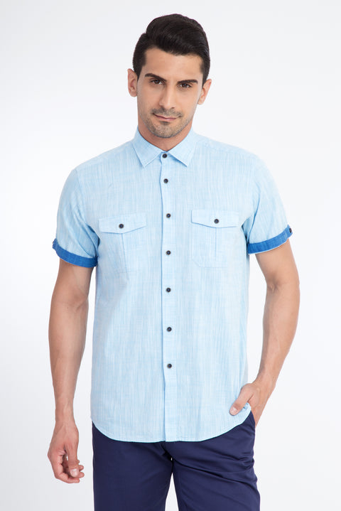 Turquoise Short-Sleeve Cotton Sport Shirt