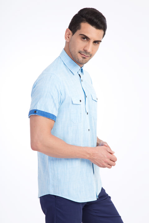 Turquoise Short-Sleeve Cotton Sport Shirt