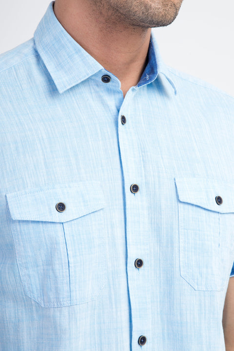 Turquoise Short-Sleeve Cotton Sport Shirt