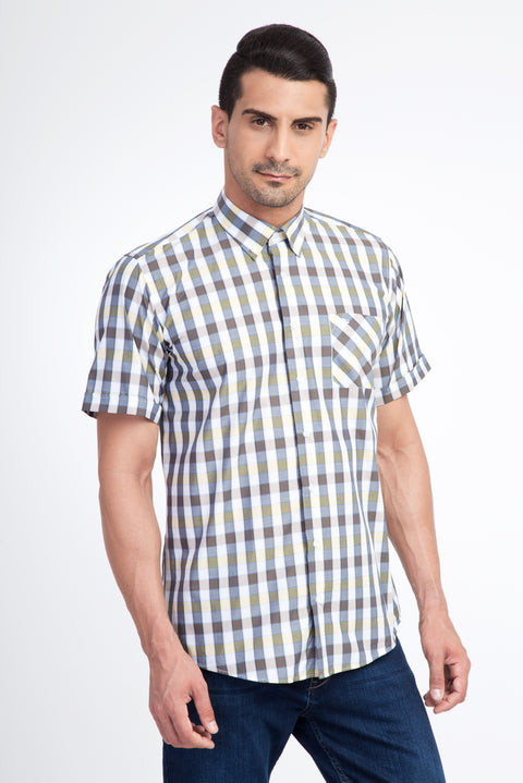 Sarı Kısa Kol Regular Fit Ekose Pamuk Gömlek