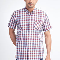 Bordo Kısa Kol Regular Fit Ekose Pamuk Gömlek