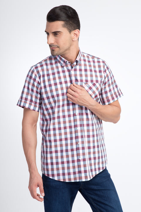 Bordo Kısa Kol Regular Fit Ekose Pamuk Gömlek