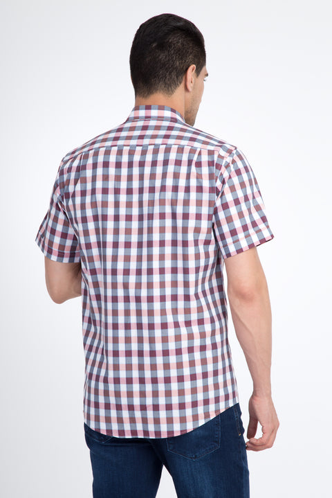 Bordo Kısa Kol Regular Fit Ekose Pamuk Gömlek