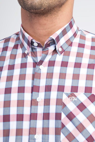 Bordo Kısa Kol Regular Fit Ekose Pamuk Gömlek