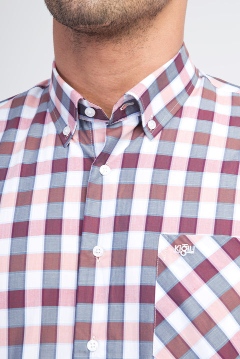 Bordo Kısa Kol Regular Fit Ekose Pamuk Gömlek