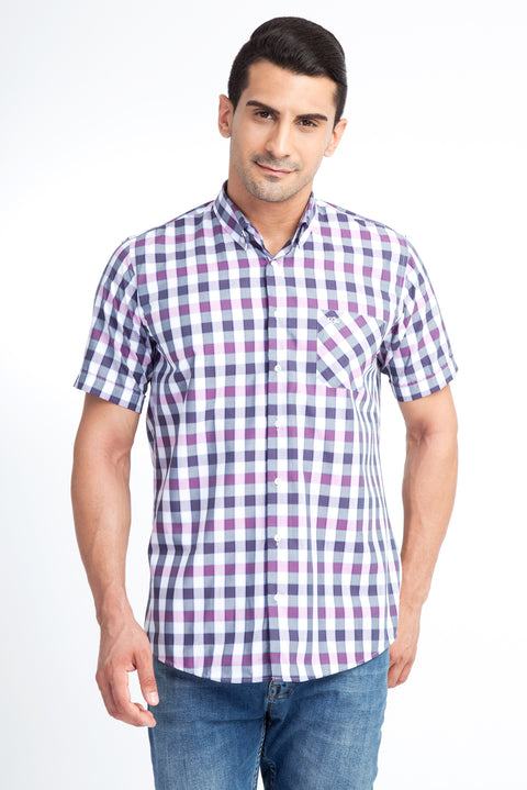 Mor Kısa Kol Regular Fit Ekose Pamuk Gömlek