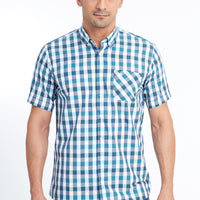 Koyu Yesil Kısa Kol Regular Fit Ekose Pamuk Gömlek