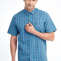 Mavi Kısa Kol Regular Fit Ekose Pamuk Gömlek