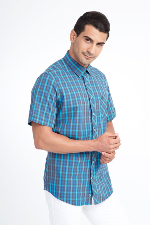 Mavi Kısa Kol Regular Fit Ekose Pamuk Gömlek