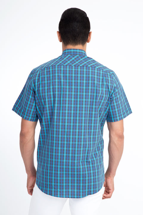 Mavi Kısa Kol Regular Fit Ekose Pamuk Gömlek
