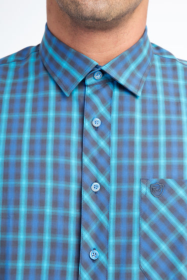 Mavi Kısa Kol Regular Fit Ekose Pamuk Gömlek