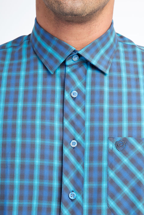 Mavi Kısa Kol Regular Fit Ekose Pamuk Gömlek