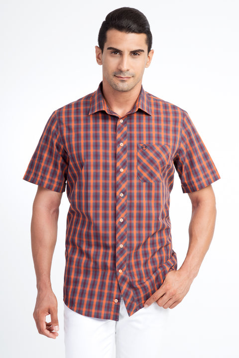 Turuncu Kısa Kol Regular Fit Ekose Pamuk Gömlek