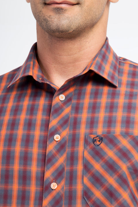 Turuncu Kısa Kol Regular Fit Ekose Pamuk Gömlek