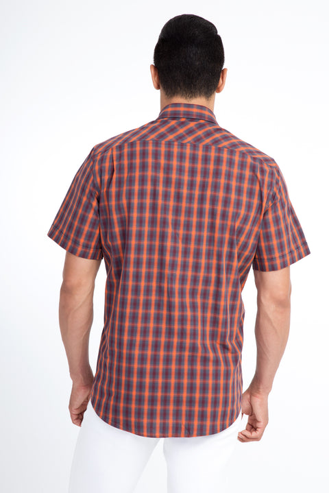 Turuncu Kısa Kol Regular Fit Ekose Pamuk Gömlek
