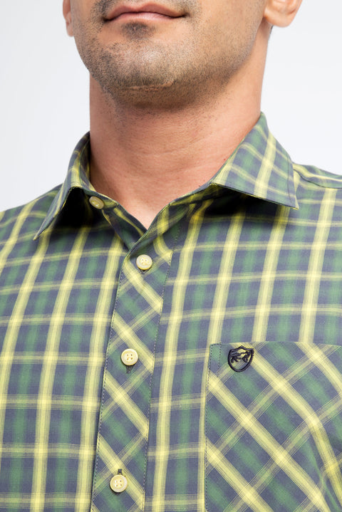 Açık Yeşil Kısa Kol Regular Fit Ekose Pamuk Gömlek