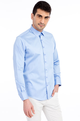  Mavi Uzun Kol Saten Slim Fit Dar Kesim Pamuk Gömlek