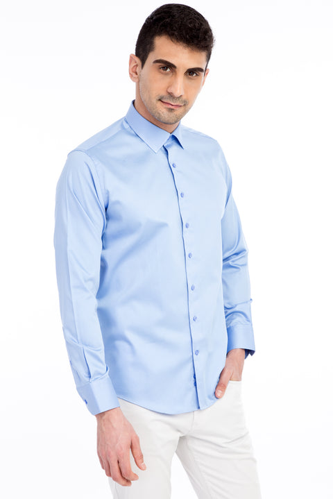 Mavi Uzun Kol Saten Slim Fit Dar Kesim Pamuk Gömlek