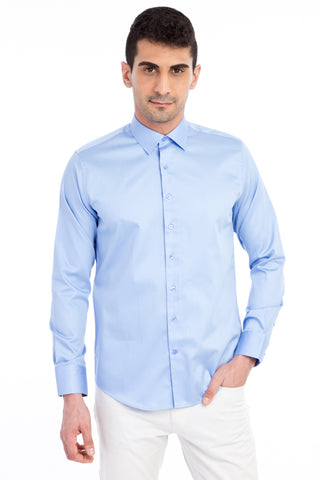  Mavi Uzun Kol Saten Slim Fit Dar Kesim Pamuk Gömlek
