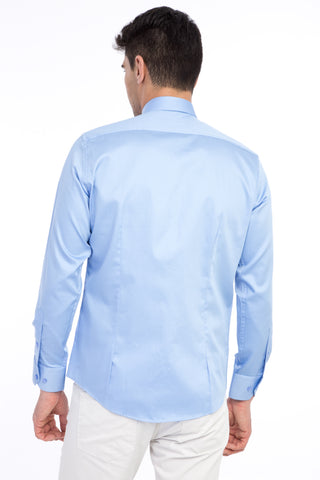  Mavi Uzun Kol Saten Slim Fit Dar Kesim Pamuk Gömlek
