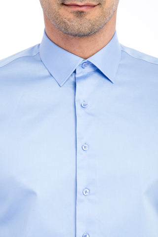 Mavi Uzun Kol Saten Slim Fit Dar Kesim Pamuk Gömlek