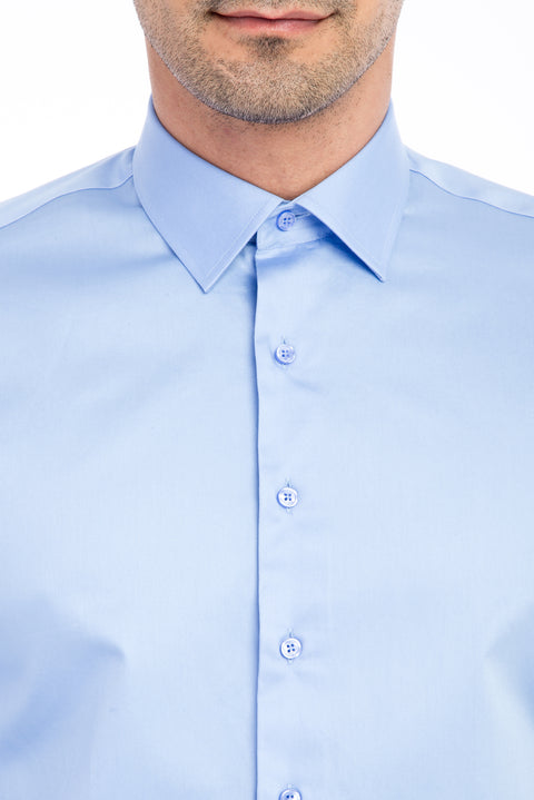 Mavi Uzun Kol Saten Slim Fit Dar Kesim Pamuk Gömlek