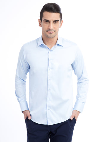  Açık Mavi Uzun Kol Slim Fit Dar Kesim Saten Pamuk Gömlek