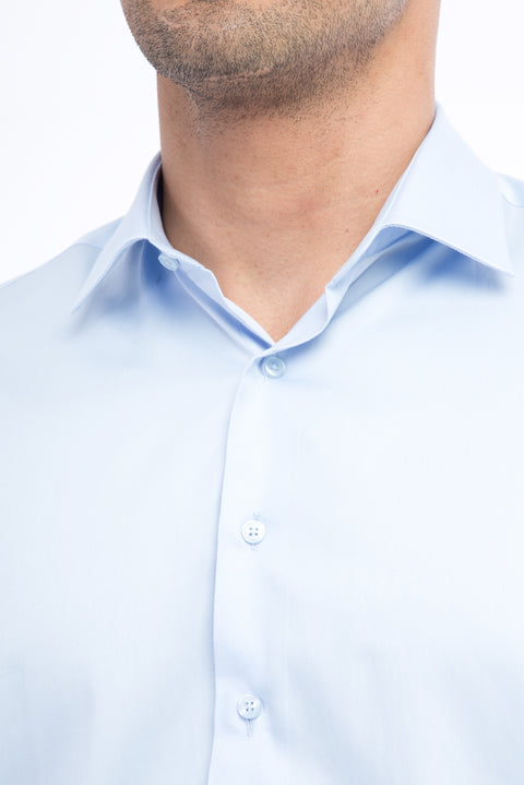 Açık Mavi Uzun Kol Slim Fit Dar Kesim Saten Pamuk Gömlek