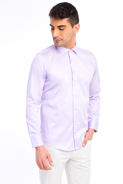 Lila Uzun Kol Slim Fit Dar Kesim Saten Pamuk Gömlek
