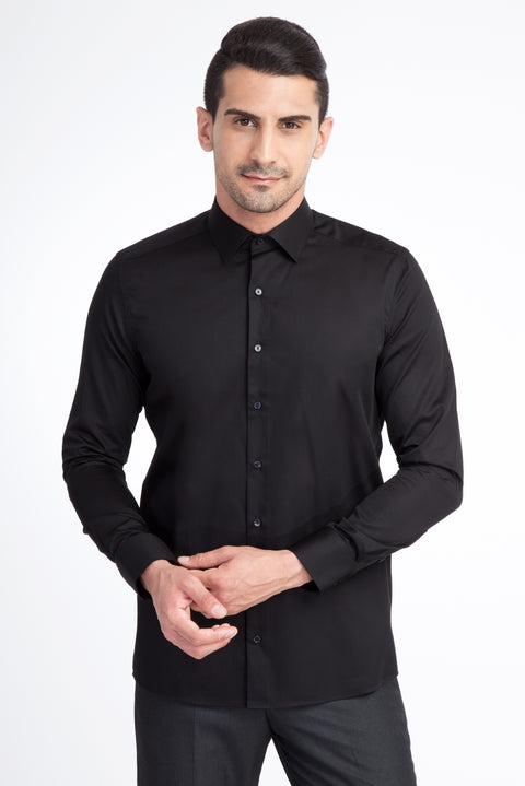 Black Long Sleeve Satin Slim Fit Cotton Shirt