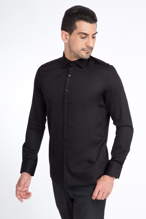 Black Long Sleeve Satin Slim Fit Cotton Shirt