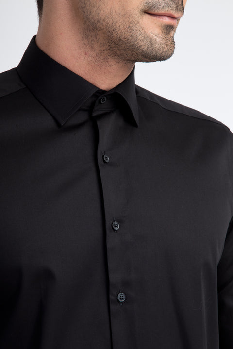 Black Long Sleeve Satin Slim Fit Cotton Shirt