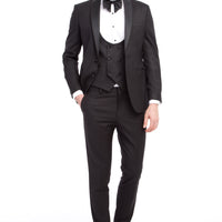Siyah Slim Fit Dar Kesim Şal Yaka Desenli Yelekli Smokin & Damatlık
