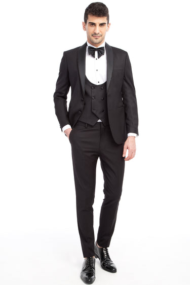 Siyah Slim Fit Dar Kesim Şal Yaka Desenli Yelekli Smokin & Damatlık