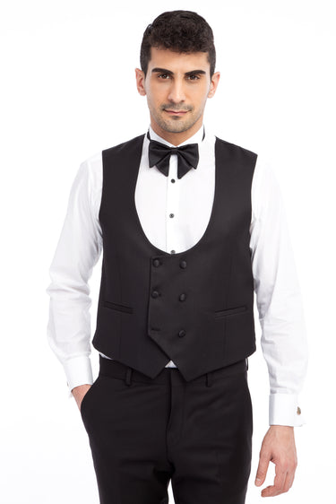 Siyah Slim Fit Dar Kesim Şal Yaka Desenli Yelekli Smokin & Damatlık