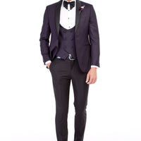 Mor Slim Fit Dar Kesim Şal Yaka Yelekli Smokin / Damatlık