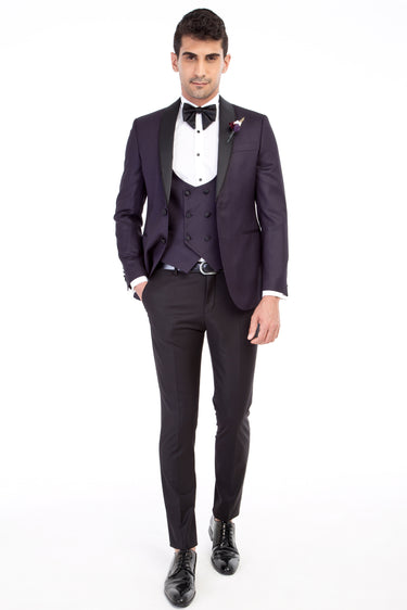 Mor Slim Fit Dar Kesim Şal Yaka Yelekli Smokin / Damatlık