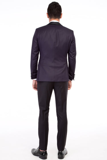 Mor Slim Fit Dar Kesim Şal Yaka Yelekli Smokin / Damatlık